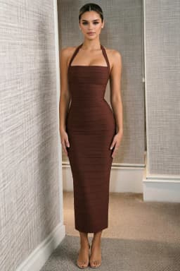 BEAUKEY Fashion Vintage Halter Bandage Long Dress Striped Slim Elastic Bodycon Evening Dress Party Celebrity Vestidos Brown