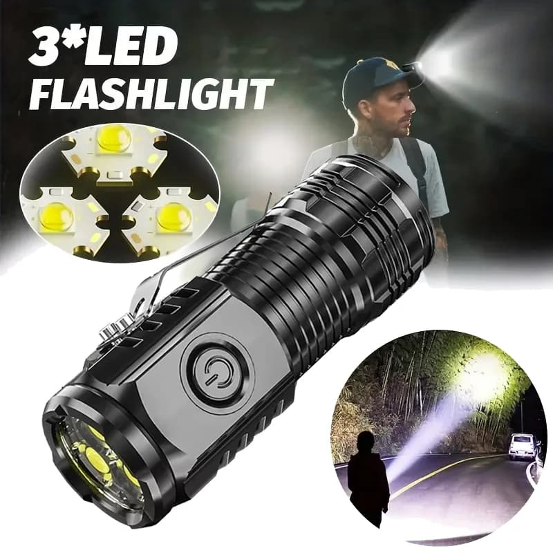 Portable Mini LED Flashlight Powerful 3*Wick Small Pocket Torch USB Rechargeable Strong Light Lantern Super Bright Cap Clip Lamp