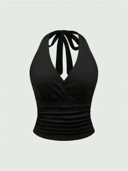 Solid V-neck Backless Halter Crop Top for Women Summer Sexy Y2K Sleeveless Ruched Top Streetwear
