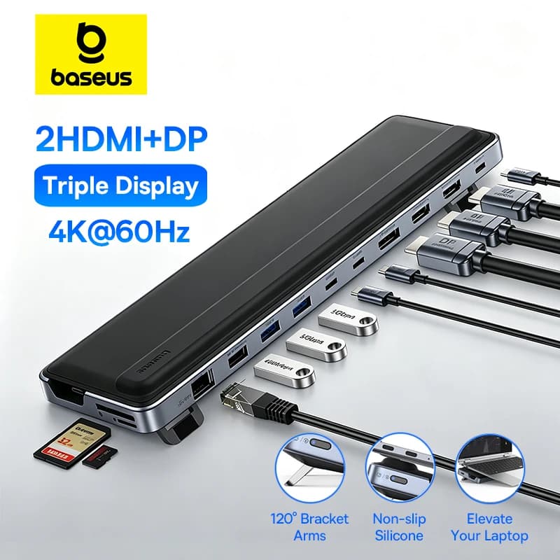 Baseus EH3 12-in-1 USB C Hub HDMI DP 4K 60Hz Triple Display 3.2 for MacBook Laptop PD 100W Type C HUB with Stand Docking Station