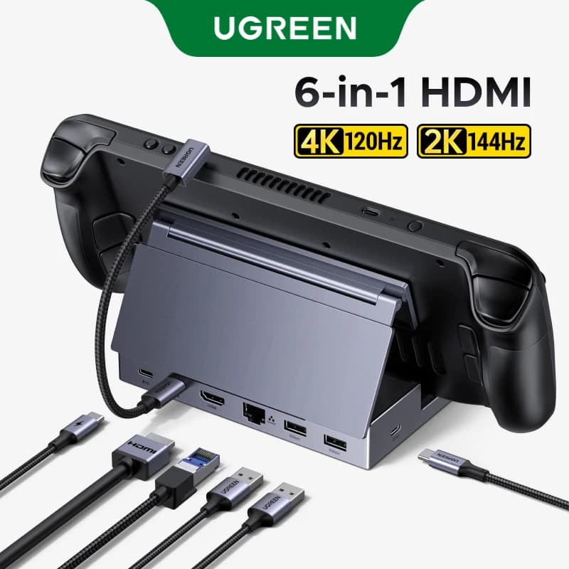 UGREEN USB C HUB Steam Deck Docking Station 6-in-1 Type-C to 4K120Hz HDMI 5Gbps USB-A/C PD100W 1000Mbps RJ45 for ROG Ally Legion