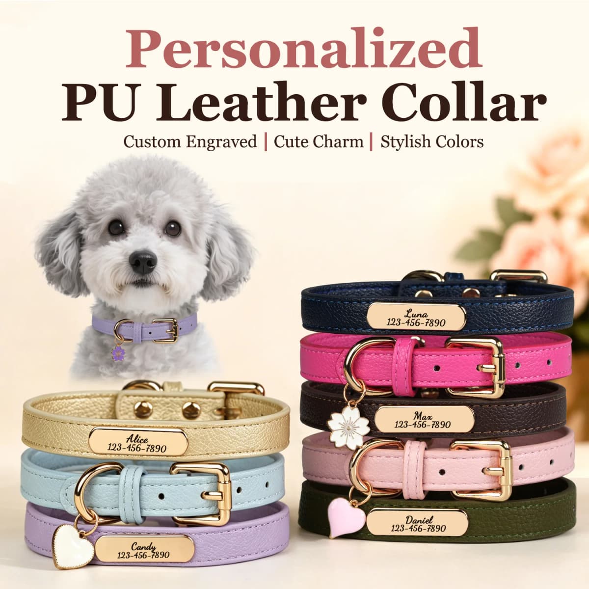 Luxury & Soft Leather Personalized Dog Collar and Pendant Pet Puppy Cat ID Nameplate Engraved for Small Medium Dogs