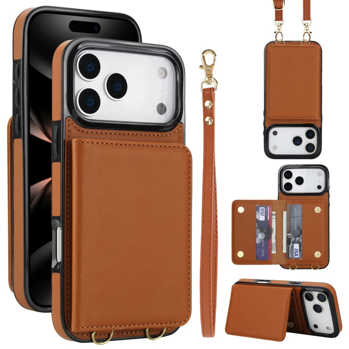 Crossbody Card Holder Wallet Leather Case For iPhone 17 Pro Max 16 Plus 15 Plus 14 13 12 11 Strap Pocket kickstand RFID Cover