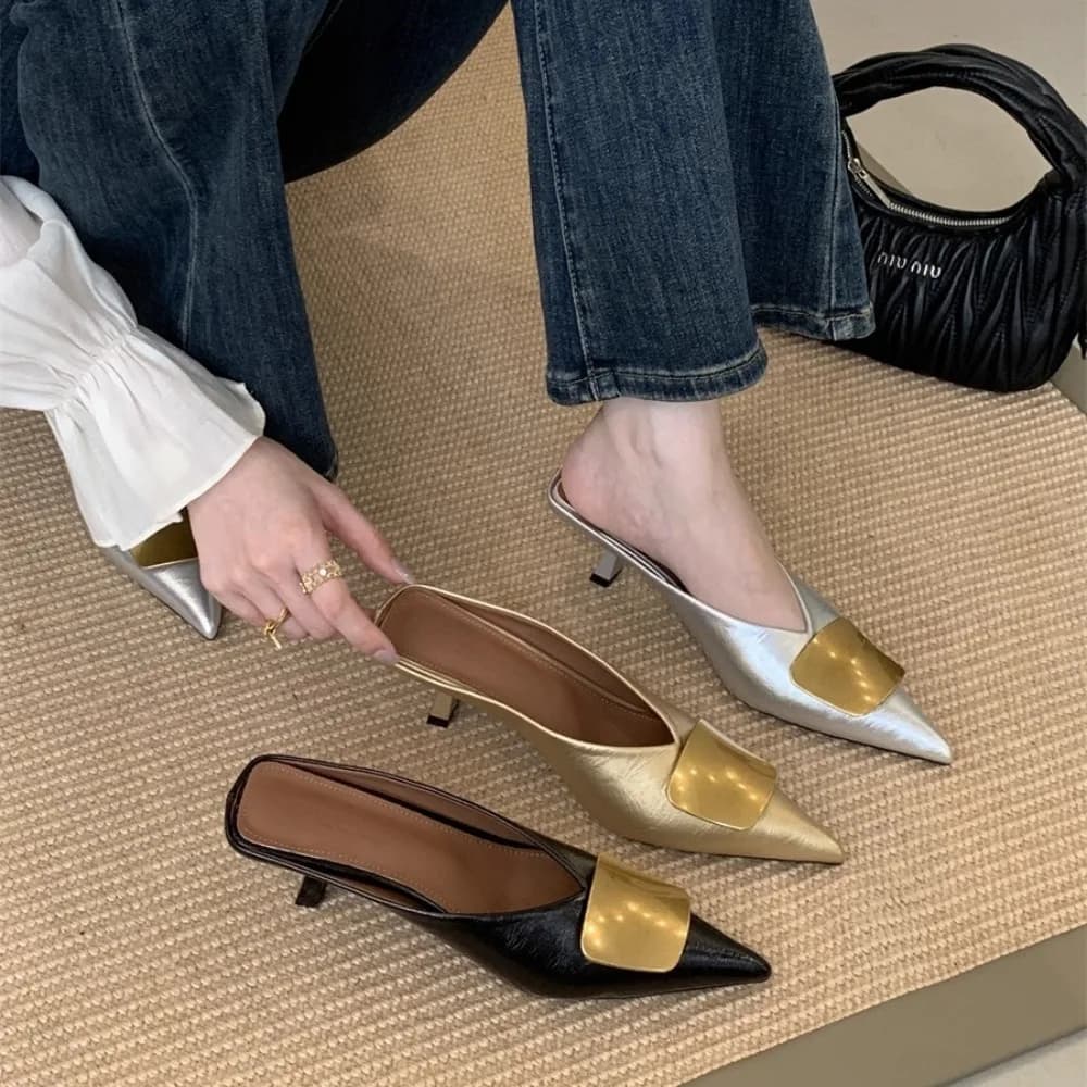 Women Slippers Designer Sandals Summer 2026 New Slides Non-slip Metallic Color Fashion Footwear Brand Pointed Toe Mules Ladies