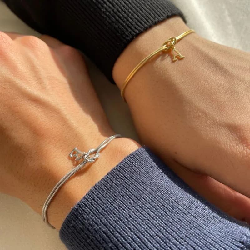 Custom Initial Love Knot Bracelet, Dainty Stainless Steel Couple Snake Chain Infinity Knot Bracelet Set, Handmade Christmas Gift