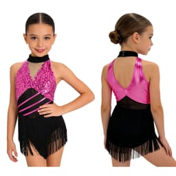 Kids Girls Cha-cha Salsa Latin Dance Costume Shiny Sequins Halter Sleeveless Mesh Tassels Leotard Jazz Tango Samba Rumba Outfits