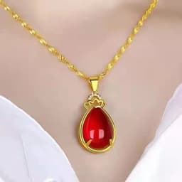 Water Drop Red Crystal Pendant Necklace Women 24K Real Gold Plated 45cm Woolen Chain Four-leaf Clover Ruby Pendant Women Gift