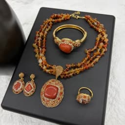Vintage 4pcs Necklace Earring Ring Bracelet Crystal Stone Jewelry Sets for Women Natural Amethyst Tigers Eye Statement Jewelrys