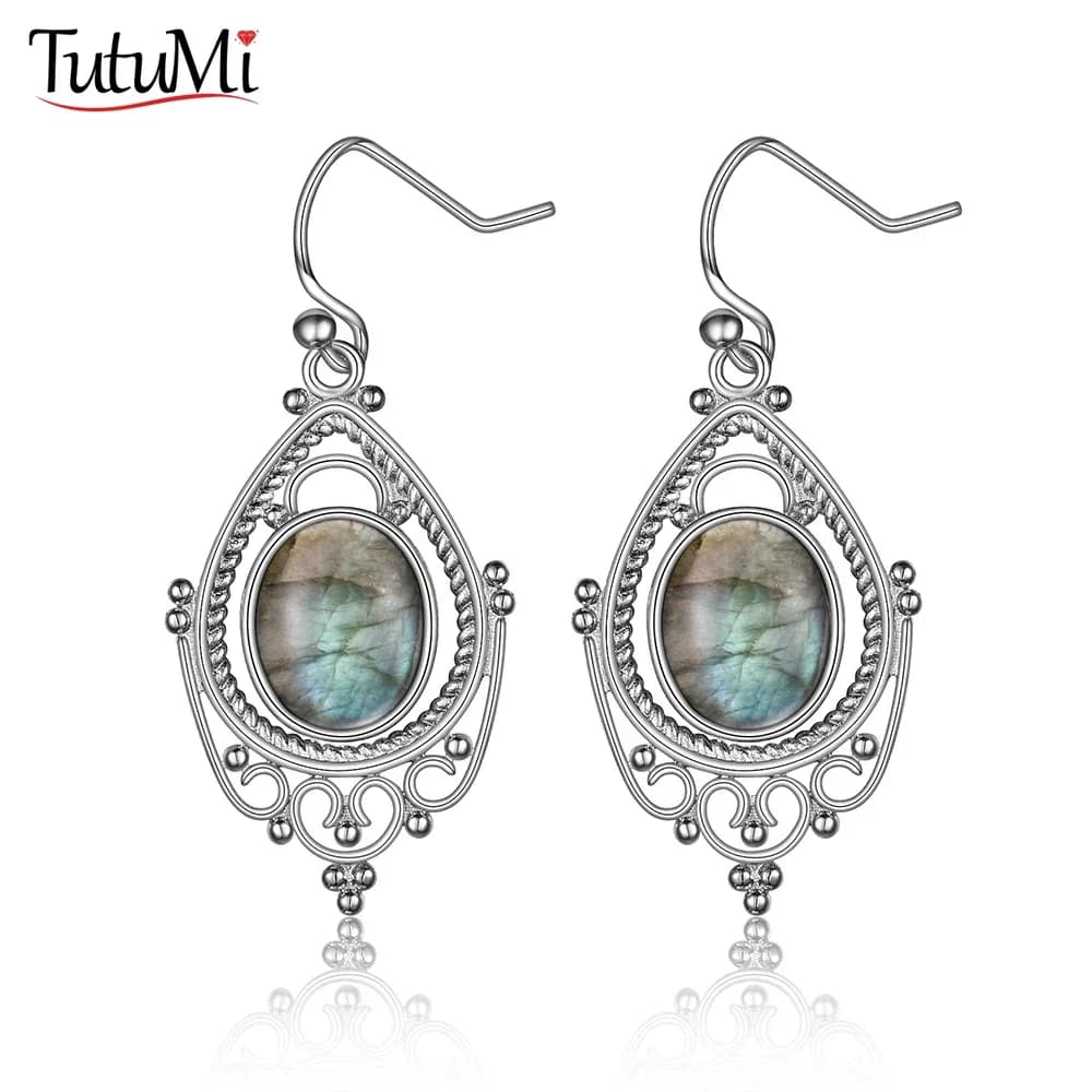 925 Sterling Silver Oval 8*10mm Natural Labradorite Earrings Vintage Ethnic Jewelry for Women Gift