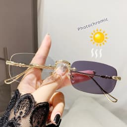 Luxury Photochromic Sunglasses Women Prescription Glasses Graduated Lenses Minus Anti Blue Computer Glasses Transparent Rimless
