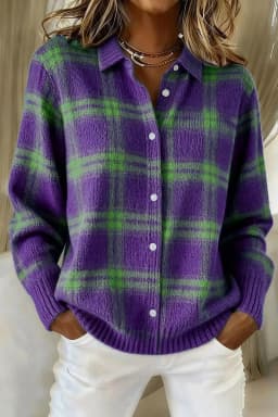 Women's Casual Loose Sweater Spring and Autumn Plaid Long Sleeve Lapel Shirt Sweater Cardigan