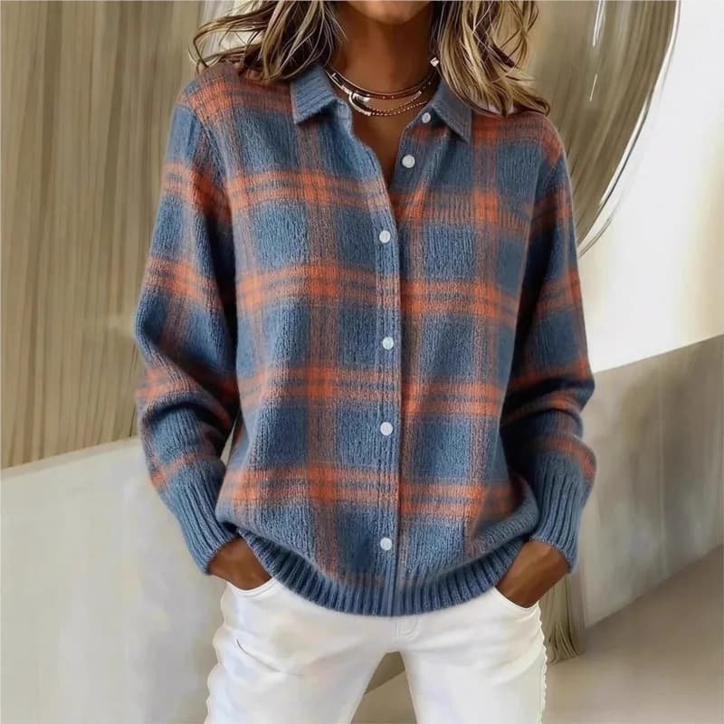 Women's Casual Loose Sweater Spring and Autumn Plaid Long Sleeve Lapel Shirt Sweater Cardigan