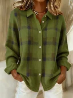 Women's Casual Loose Sweater Spring and Autumn Plaid Long Sleeve Lapel Shirt Sweater Cardigan