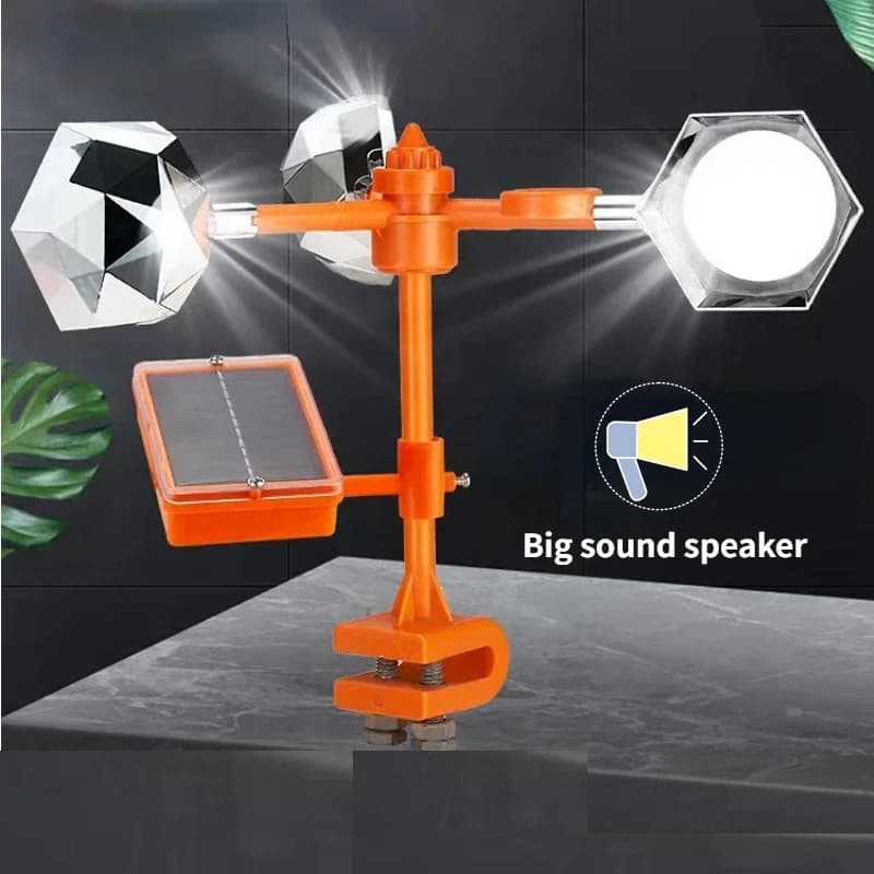 Solar Powered 3-in-1 Bird Repeller: Ultrasonic Sound, Wind Motion & Reflective Flash for Orchard Farm Garden Pond