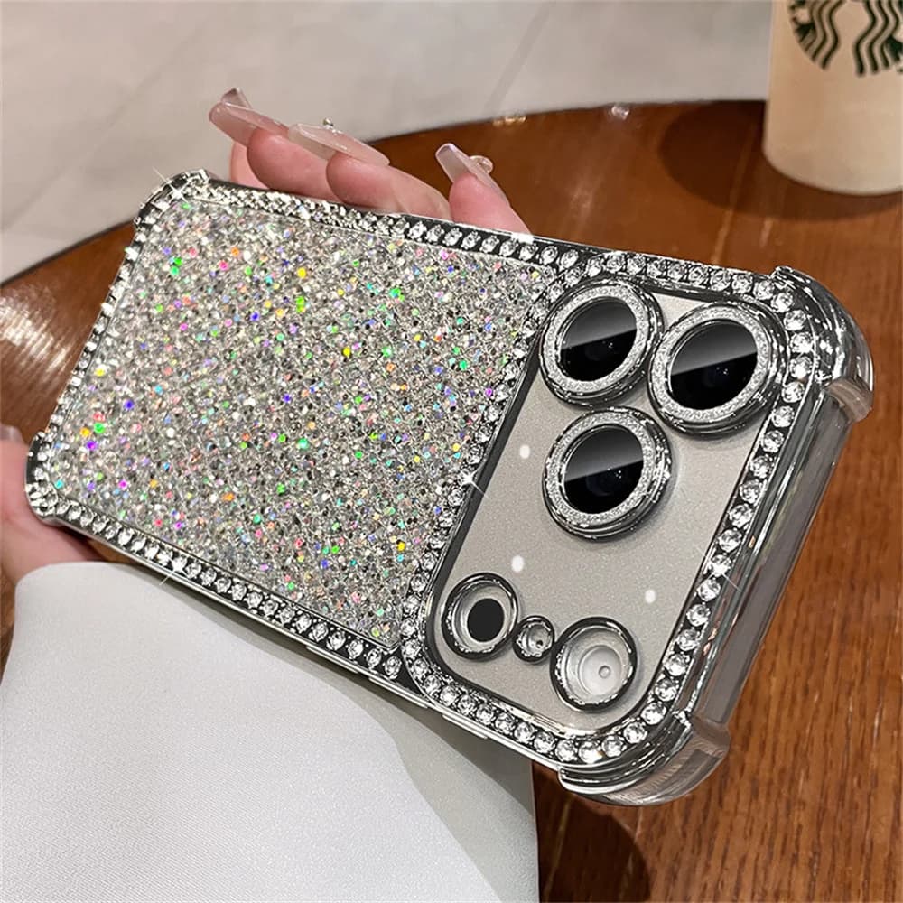 Colorful Glitter Full Screen Diamond Phone Case for iPhone 18 Pro Max 17 16 15 14 13 Lens Protection Plated Shockproof Cover