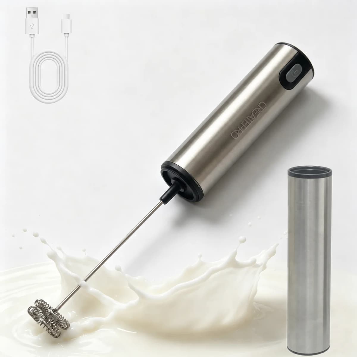 Handheld Electric Milk Frother, Made of Stainless Steel, USB Rechargeable, with a Storage Lid, Suitable for Coffee, Latte