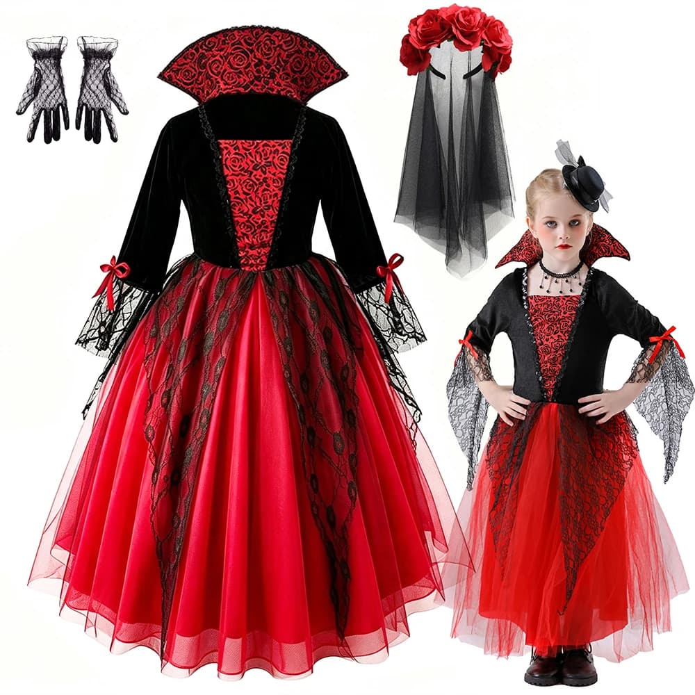 Girls Cosplay Halloween Vampire Devil Dress for Kids Ghost Bride Gothic Costume Vampire Carnival Outfits Black Red Mesh Clothes