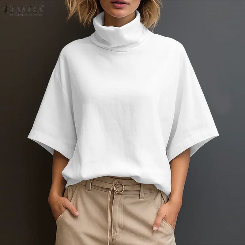 Stylish Women Blouse 2025 ZANZEA Summer Office Shirt Elegant Solid OL Work Tunic Tops Turtleneck Half Sleeve Blusas Mujer Femme