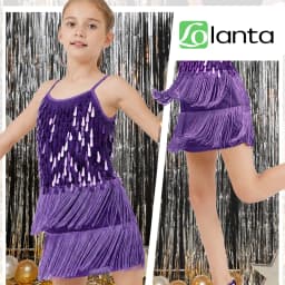 LOlanta 2Pcs Girls Sequin Latin Dance Dress Tassel Salsa Dancewear Sequin Fringe Dress Performance Outfits