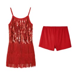 LOlanta 2Pcs Girls Sequin Latin Dance Dress Tassel Salsa Dancewear Sequin Fringe Dress Performance Outfits