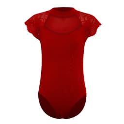 Kids Girls Lace Cap Sleeves Gymnastics Ballet Dance Leotard Sheer Mesh Cutout Bodysuit Ballet Practice Examination Dancewear