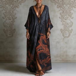 Summer Elegant Fashion V-neck Vintage Printing Robe Ladies Loose Casual Batwing Sleeve Vestido Women Comfortable Cover Up Dress