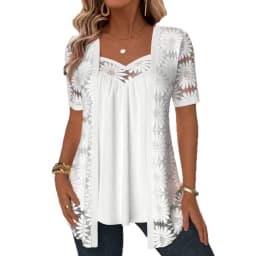 Women's Fashion Fake Two Short Sleeve Blouses Lace Hollow Out Patchwork Solid Color Cardigan Shirts Elegant Spring/Autumn 2026