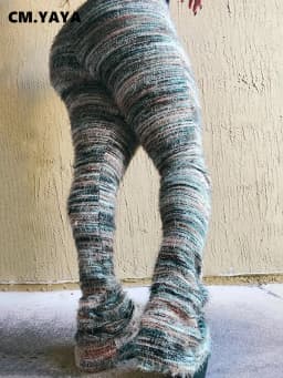 CM.YAYA Women Streetwear Knit Ribbed Striped Keep Warm Winter Flare Pants 2024 Fashion Active High Waist Trousers