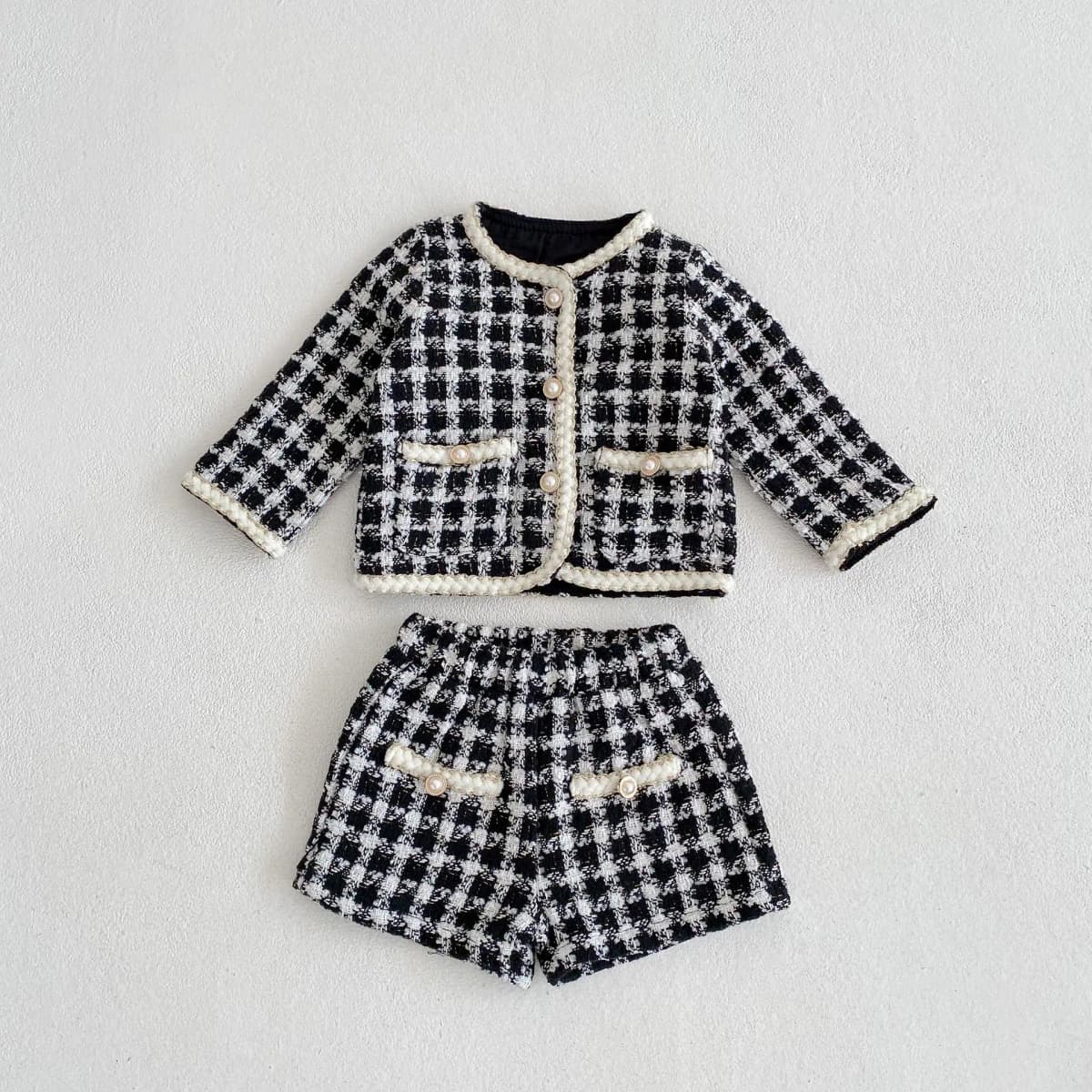 Girl Clothing Set 2026 Spring Baby Tweed Plaid Girl's Two Piece Suit Jacket+ Short Pants Sweet Girl's Suit