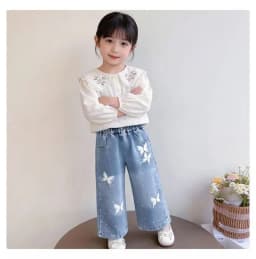 Girls BlingBling Denim Pants New Baby Diamond Bow Print Jeans Children Clothes Kids Straight Legged Pants Loose Trousers 2-10Y
