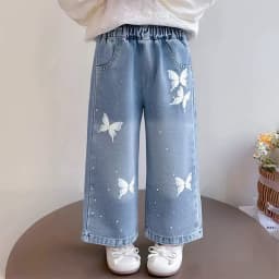 Girls BlingBling Denim Pants New Baby Diamond Bow Print Jeans Children Clothes Kids Straight Legged Pants Loose Trousers 2-10Y