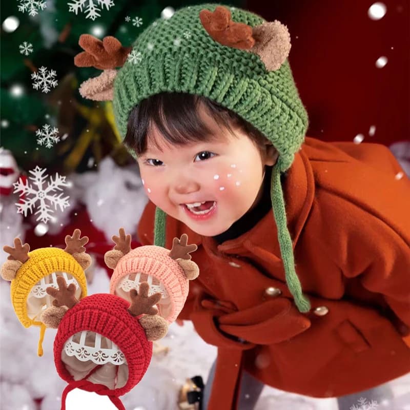 Cute Elk Baby Hat With Ear Winter Christmas Knitted Kids Beanie Outdoor Ear Protection Cap Toddler Boys Girls Warm Ski Hats