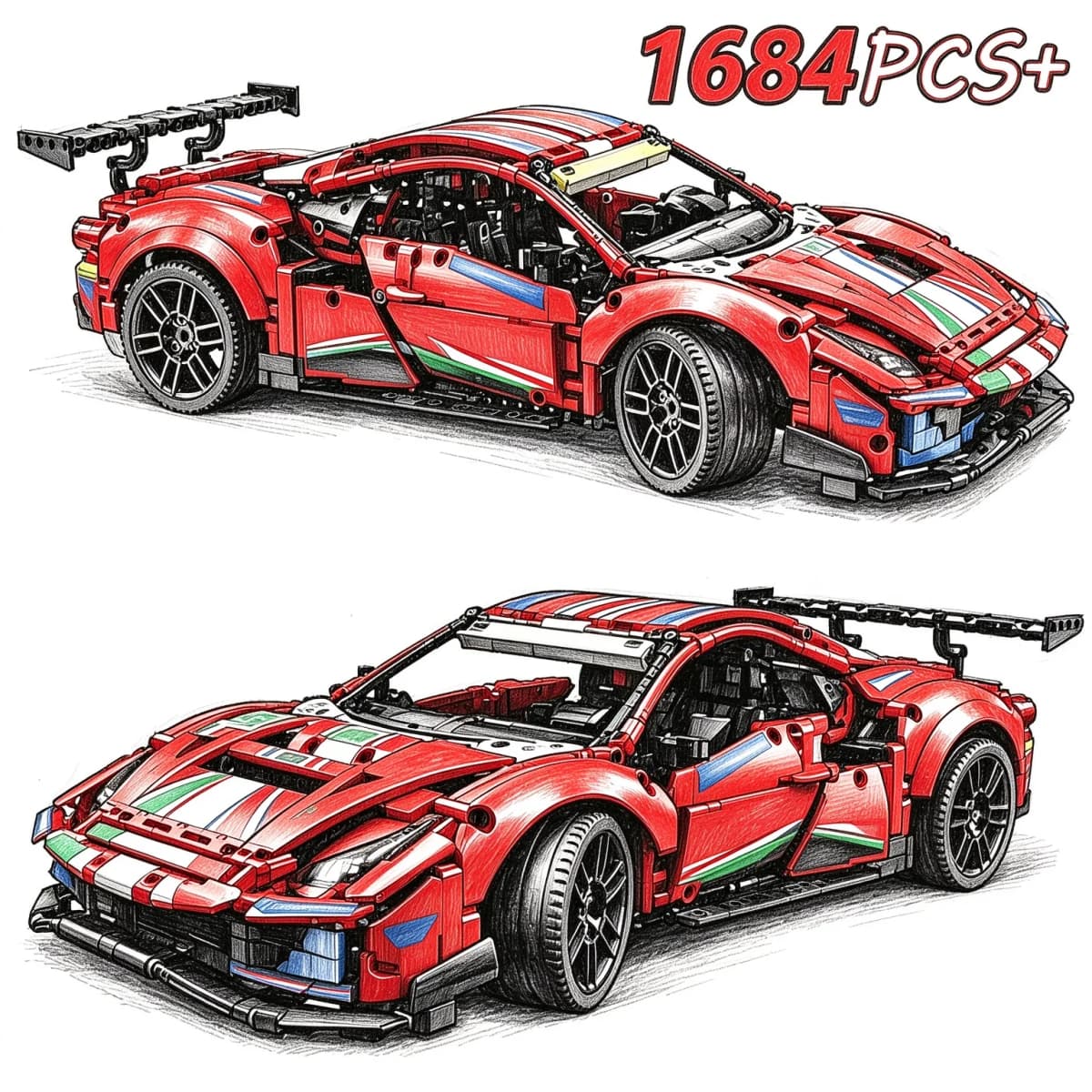 1684PCS 1:8 Scale Sports Racing Car Building Blocks Model Kit DIY Collectible Vehicle Toy for Home Office Display Birthday Gifts