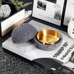 Nordic Industrial Minimalist Concrete Ashtray, Artisan-Made Natural Texture, Removable Stainless Steel Bowl & Anti-Fly Ash Lid