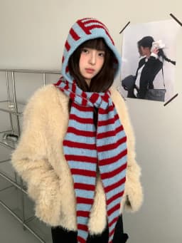 Woolen Korean Style Black And White Striped Knitted Balaclava For Women Winter Warm Ear Protection Hat Scarf One Piece
