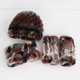 Women's Winter Knitted Real Rex Rabbit Fur Hat Scarf Gloves Set Natural Warm 3-Piece Ensemble Includes Fur Cap Scarves Mitt