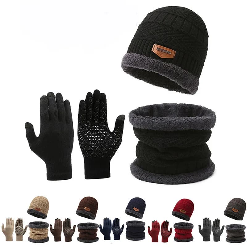 3Pcs Winter Beanie Hat Scarf Gloves Set Fleece Lined Knit Thermal Warm Touch Screen Unisex Windproof Cold Weather Outdoor Set