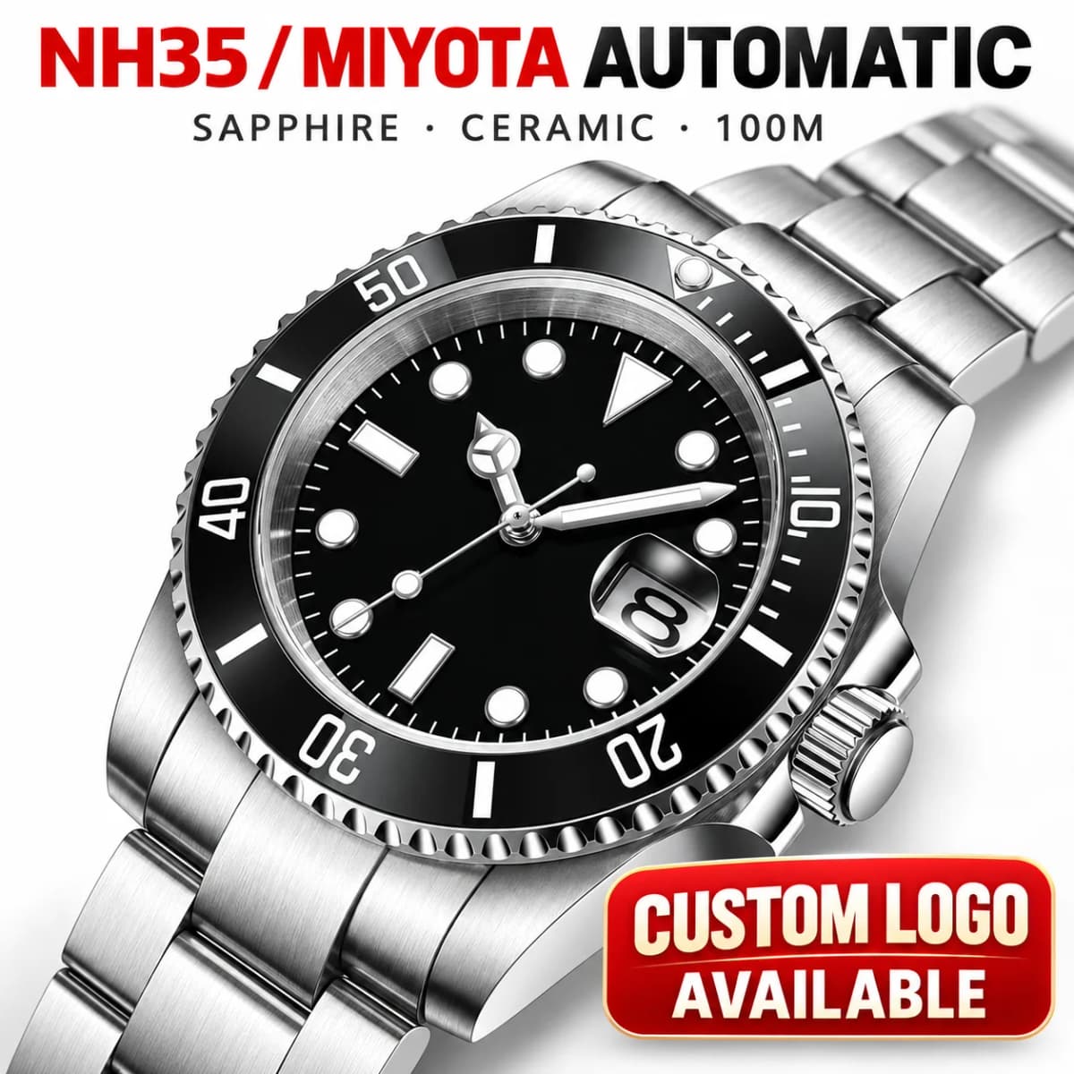 CORGEUT Custom Logo Automatic Watch Men NH35 Miyota Sapphire Crystal Ceramic Bezel 100M Waterproof Luminous Steel Wristwatch