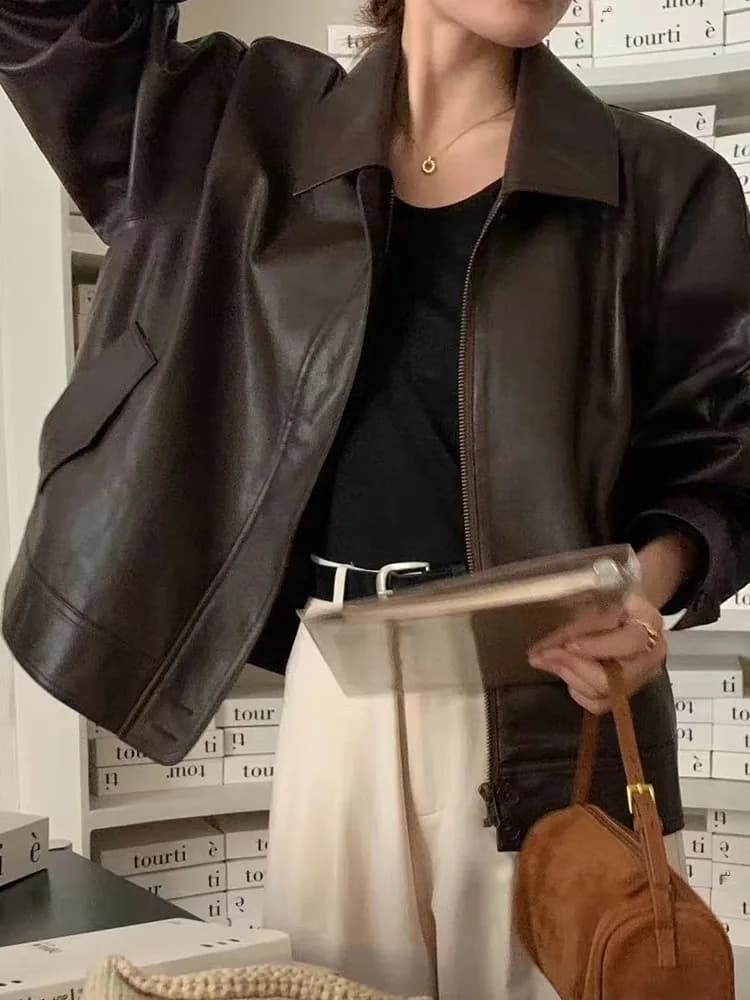 Chic Women's Leather Jacket Coat Vintage Collar Loose Versatile BF Style Motorcycle Clothes Spring 2024 New Arrival