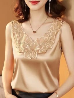 plus Size Lace Trim Silk Vest Top Women's Base Shirt Suit Professional Inner Wear Summer Floral Versatile Outerwear Silk Sati...