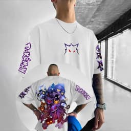 Pokémon Animation Derivatives Gengar Printing T-shirt Men's and Women's Summer Oversize Loose Cotton Street Trend Brand Top