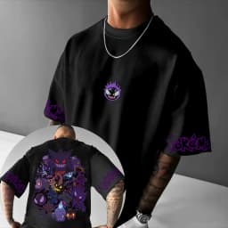 Pokémon Animation Derivatives Gengar Printing T-shirt Men's and Women's Summer Oversize Loose Cotton Street Trend Brand Top