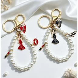 New Imitation Pearl Keychain Elegant Lady Beaded Dress Lipstick High Heel Model Charms Bag Pendant Women Accessory Keyring Gift