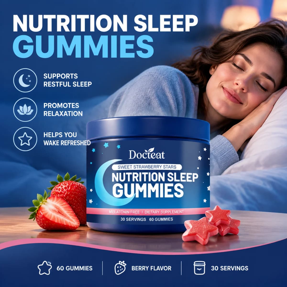Docteat Sleep Gummies Magnesium L-Theanine Valerian Chamomile Supports Restful Better Sleep Relaxation Calm Unwind Bedtime 60pcs