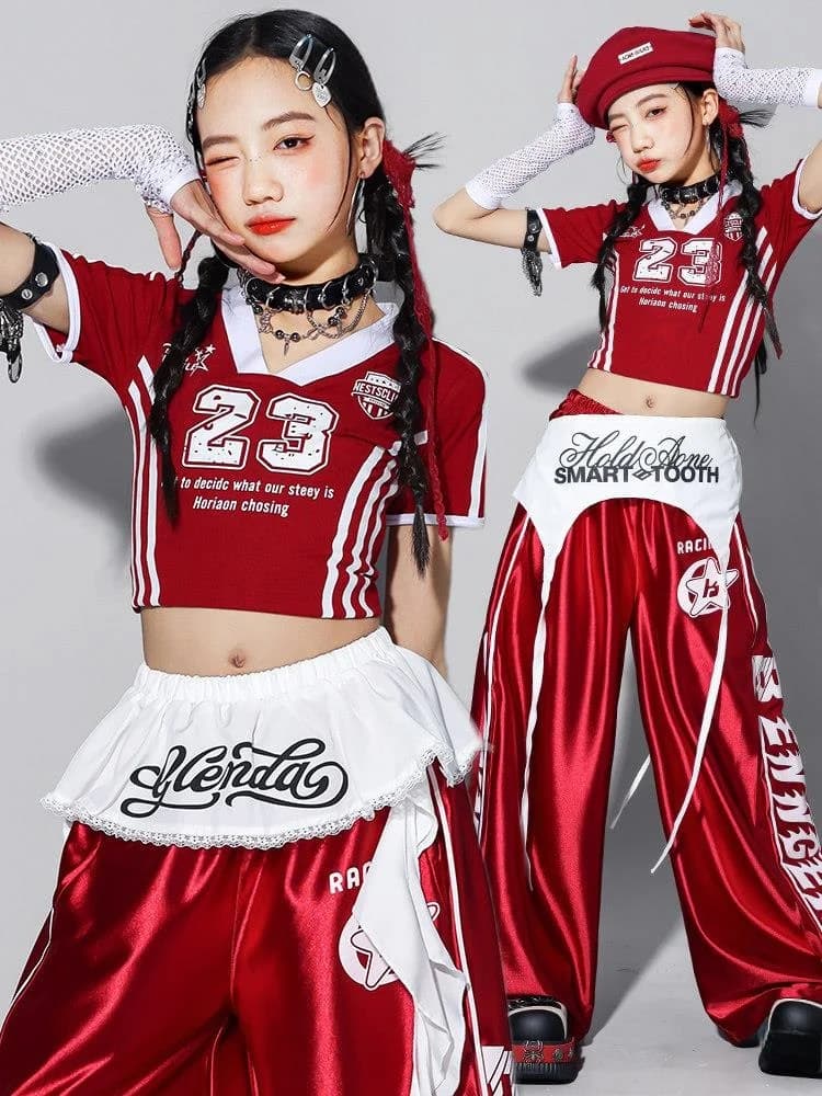 Girls Jazz Dance Performance Outfit Red Pants Set Children's Street Dance Show Costume Trendy Girls' Clothing Stage Performance