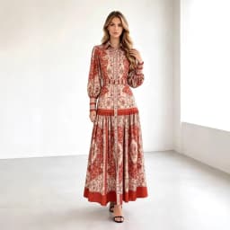 Retro Print Lantern Sleeve Long Dress Women's Waist Cinching Slimming Skirt National Style Gown Full A-Line Autumn 2026