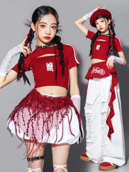 Red Jazz Dance Performance Outfit Children's Street Dance Show Costume Girls Trendy Fashion Set Kids Pants Suit Cotton Blend