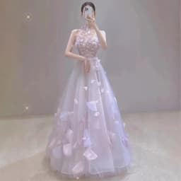 Pink Petal Bridesmaid Dress with Lace Skirt A-Line Long Gown for Summer Piano Hostess Ball Gown Elegant Personality Mesh Skirt