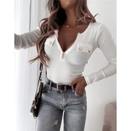 Woman's Tshirts cheap spring/summer knit solid color long sleeve zipper V neck Ladies Tops t-shirt dropshipping LTHTT7263XH