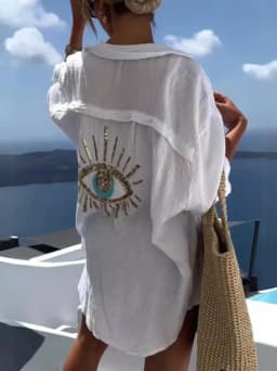 Evil Eye Casual Shirt Women's Fashion Beach Style Loose Button Sunscreen Cotton Linen Shirt Dress Summer Casual Women Top